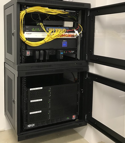 Wall Mounted Cabinet for Racked Network Devices with Electrical Protection, Firewall and Cooling
